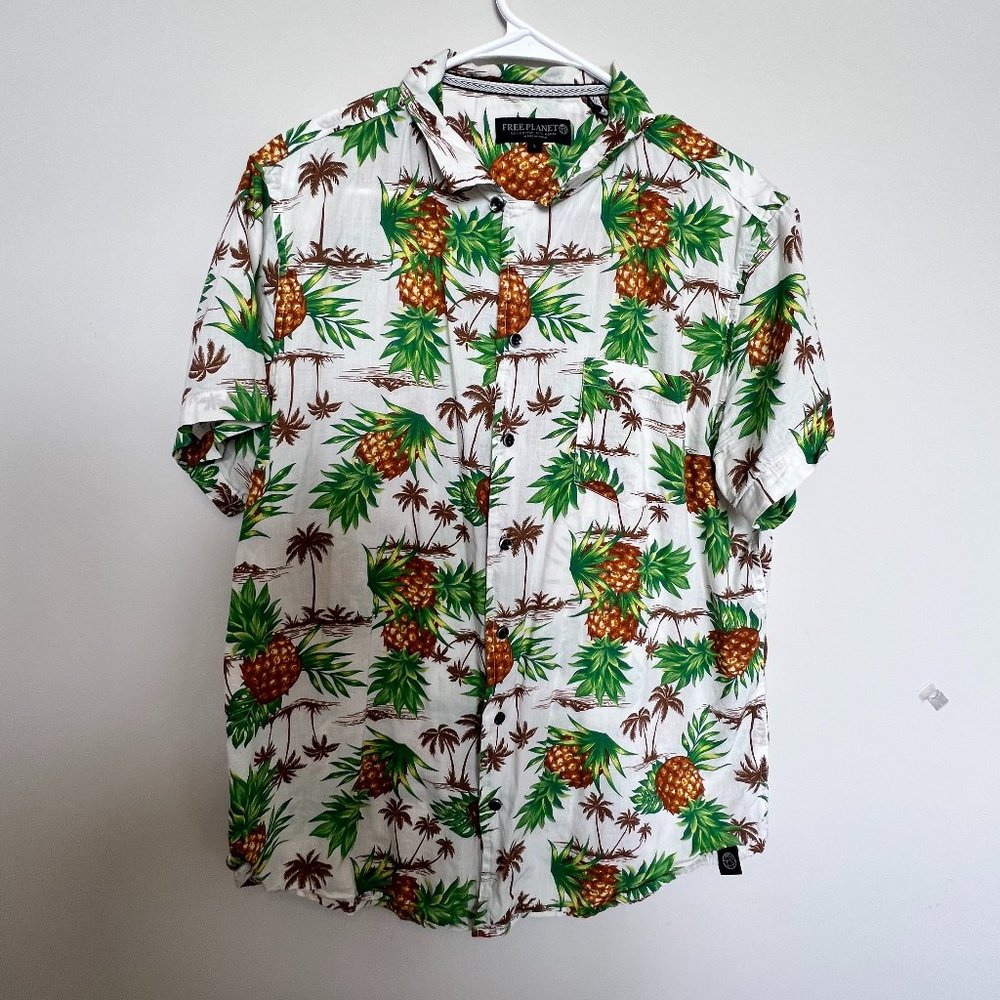 Free Planet Men's Hawaiian Button Down Pineapple Shirt Size L